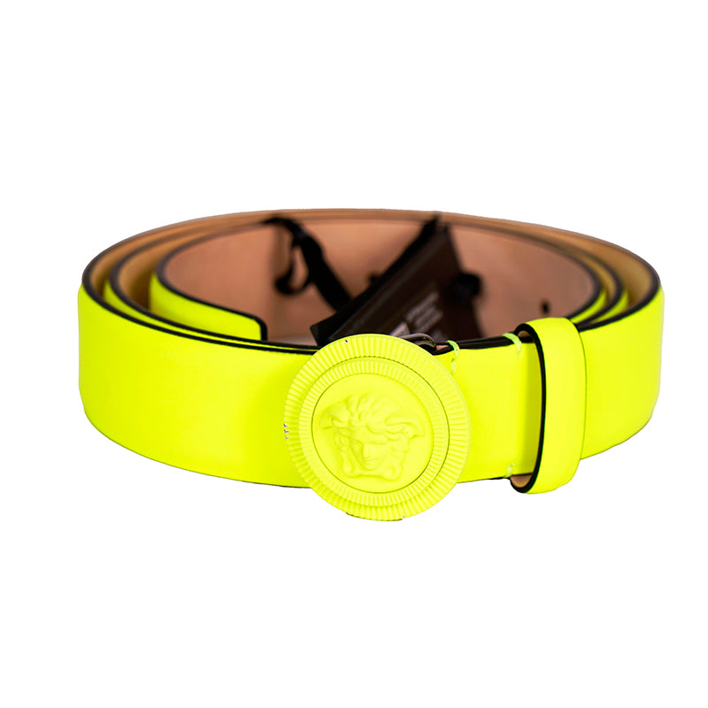 sz 90/36, 95/38, 100/40, 105/42 NEW $525 VERSACE Neon Yellow BIGGIE MEDUSA LOGO BUCKLE Leather BELT