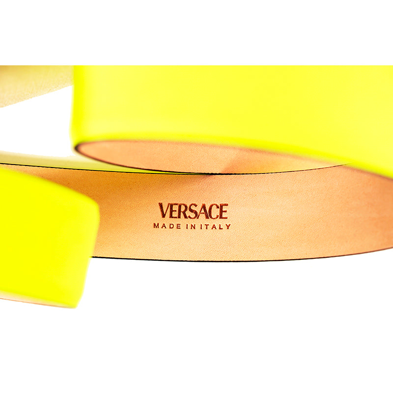 sz 90/36, 95/38, 100/40, 105/42 NEW $525 VERSACE Neon Yellow BIGGIE MEDUSA LOGO BUCKLE Leather BELT