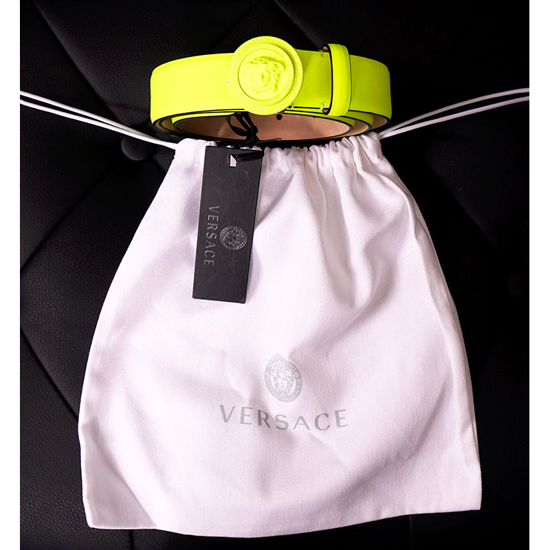 sz 90/36, 95/38, 100/40, 105/42 NEW $525 VERSACE Neon Yellow BIGGIE MEDUSA LOGO BUCKLE Leather BELT