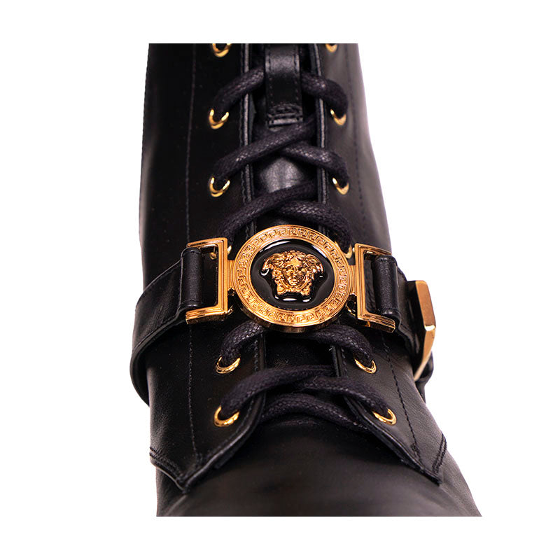 sz 37 NEW $1500 VERSACE Black Leather MEDUSA LOGO CHUNKY HEEL Biker COMBAT BOOTS