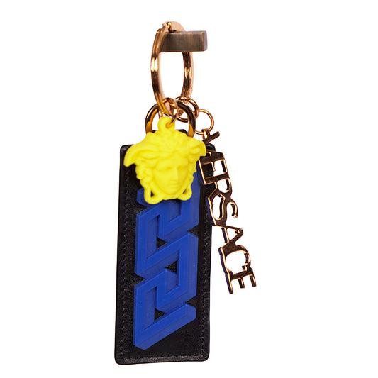 NEW $425 VERSACE Black Leather w/ Blue Rubber LA GRECA MEDUSA Key Ring Keychain