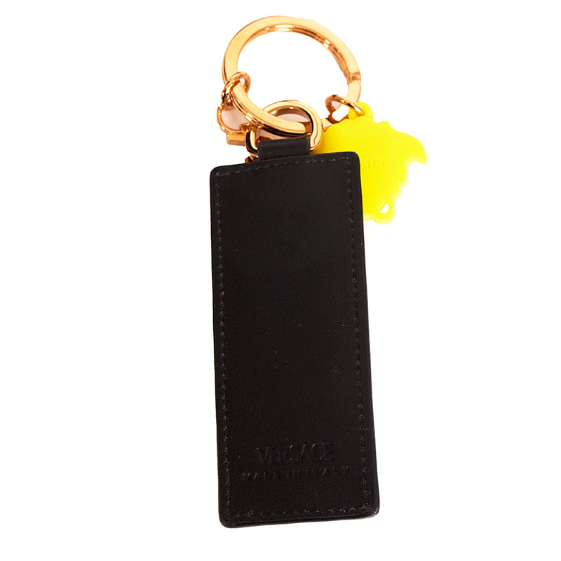 NEW $425 VERSACE Black Leather w/ Blue Rubber LA GRECA MEDUSA Key Ring Keychain