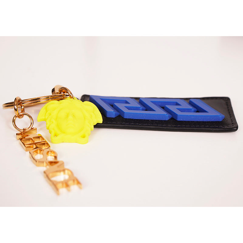 NEW $425 VERSACE Black Leather w/ Blue Rubber LA GRECA MEDUSA Key Ring Keychain