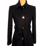 36 (US 2) NEW $3190 VERSACE Woman Black 100% WOOL Belted COAT w/ LOGO PRINT LINING