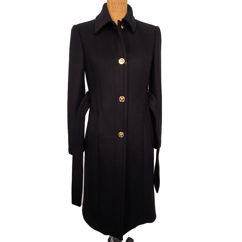 36 (US 2) NEW $3190 VERSACE Woman Black 100% WOOL Belted COAT w/ LOGO PRINT LINING