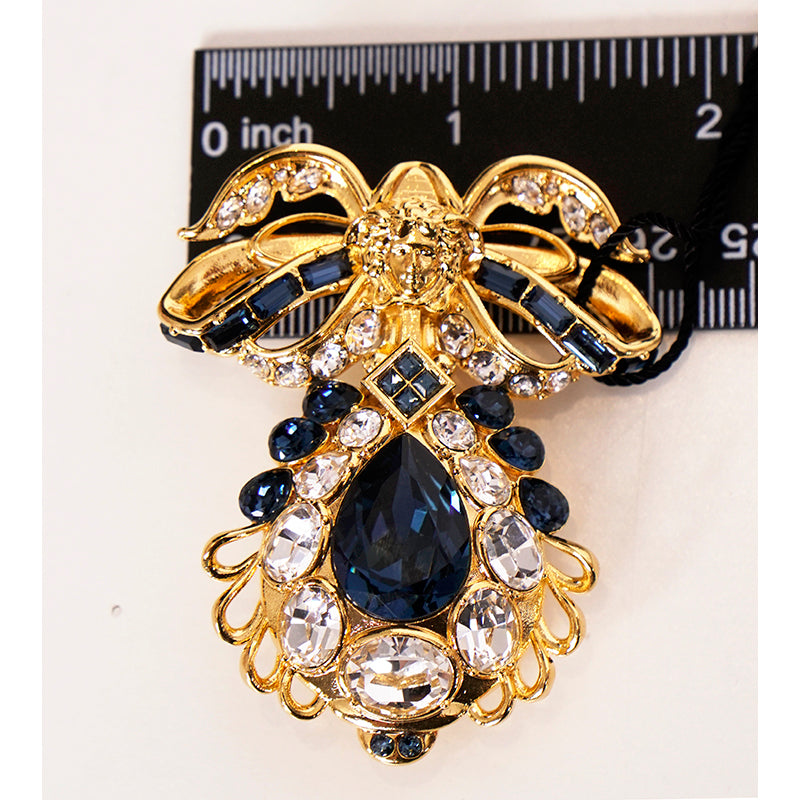 NEW $1,100 VERSACE Blue White Crystal Embellished MEDUSA LOGO BOW Large BROOCH