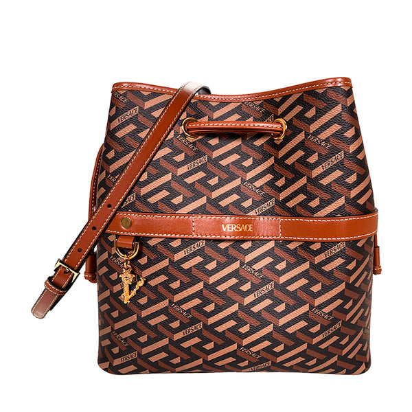 NEW $1275 VERSACE RUNWAY Caramel LA GRECA Drawstring Bucket LARGE CROSSBODY BAG