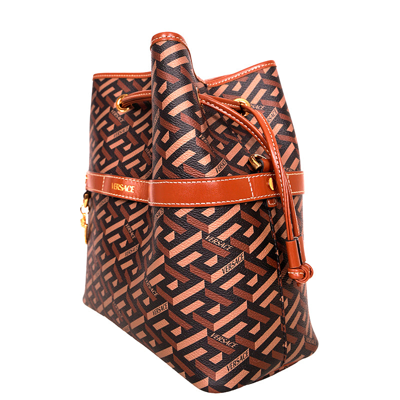 NEW $1275 VERSACE RUNWAY Caramel LA GRECA Drawstring Bucket LARGE CROSSBODY BAG