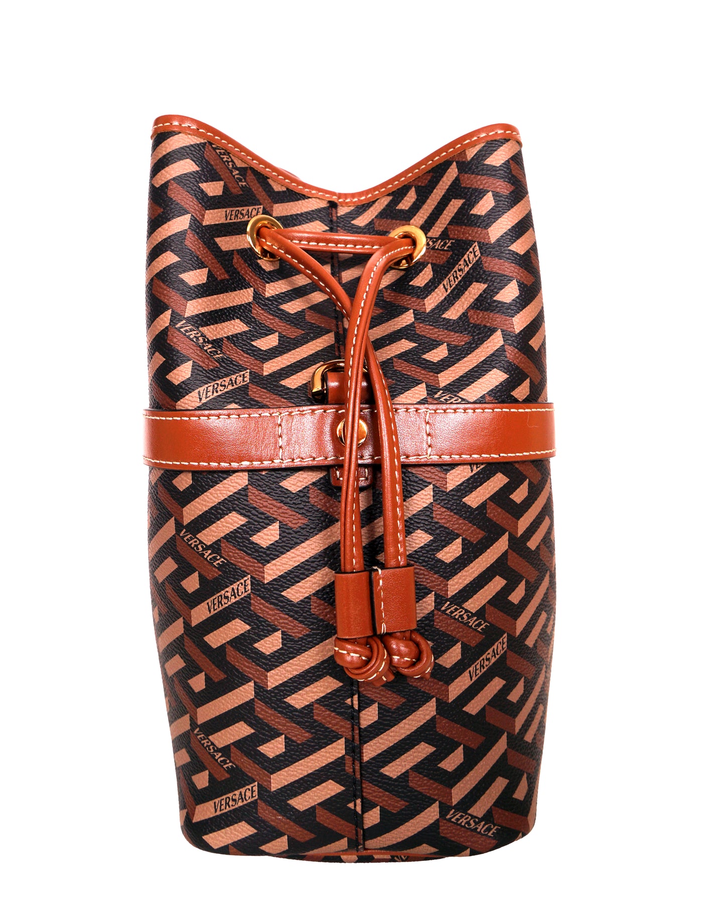 NEW $1275 VERSACE RUNWAY Caramel LA GRECA Drawstring Bucket LARGE CROSSBODY BAG