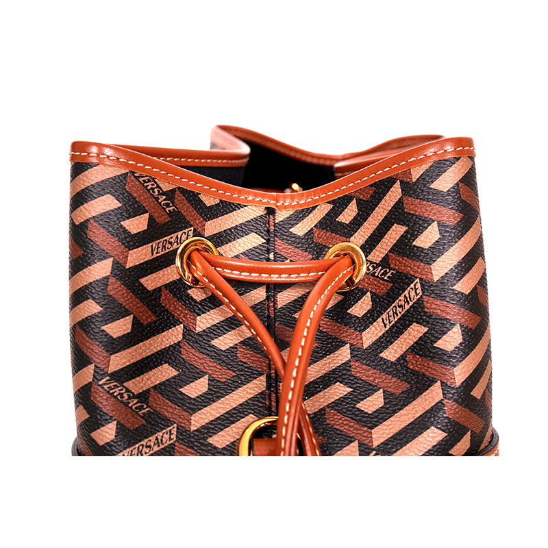 NEW $1275 VERSACE RUNWAY Caramel LA GRECA Drawstring Bucket LARGE CROSSBODY BAG