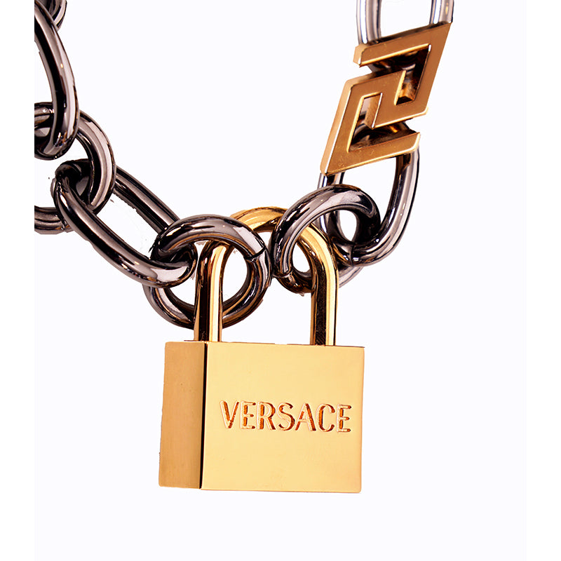 NEW $995 VERSACE Brass Gold-Tone & Gun-Metal MEDUSA GRECA PADLOCK Chain BRACELET