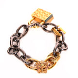 NEW $995 VERSACE Brass Gold-Tone & Gun-Metal MEDUSA GRECA PADLOCK Chain BRACELET