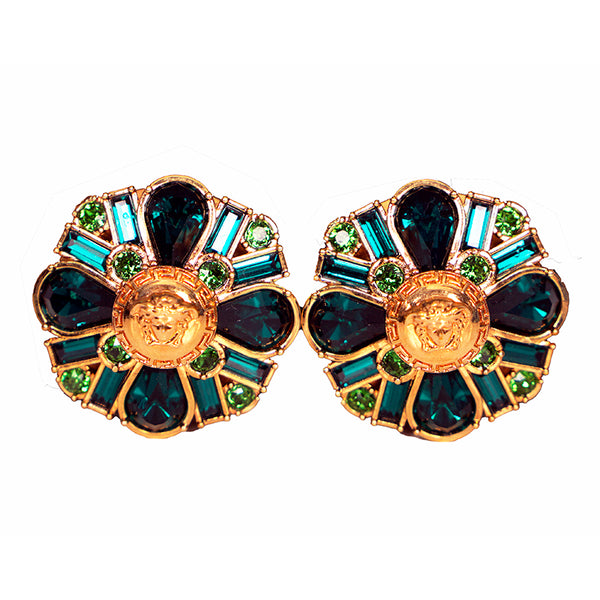 NEW $675 VERSACE Emerald Green Crystals w/ MEDUSA LOGO Brass CLIP-ON EARRINGS