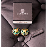 NEW $675 VERSACE Emerald Green Crystals w/ MEDUSA LOGO Brass CLIP-ON EARRINGS