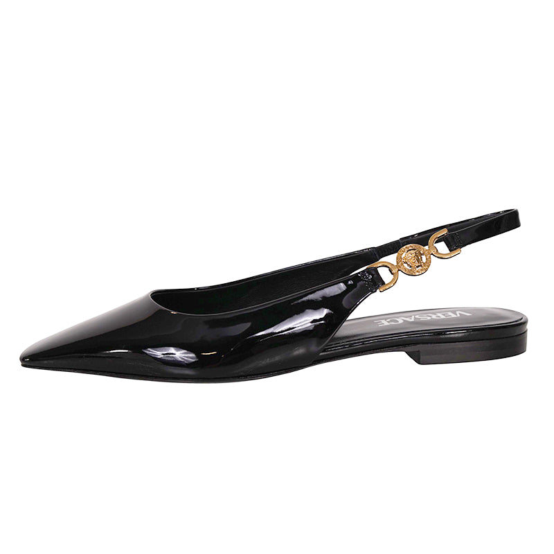 36.5,37,37.5 NEW $795 VERSACE Black Patent Leather GOLD MEDUSA LOGO Slingback FLATS NIB