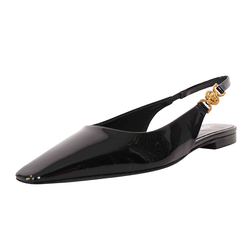 36.5,37,37.5 NEW $795 VERSACE Black Patent Leather GOLD MEDUSA LOGO Slingback FLATS NIB