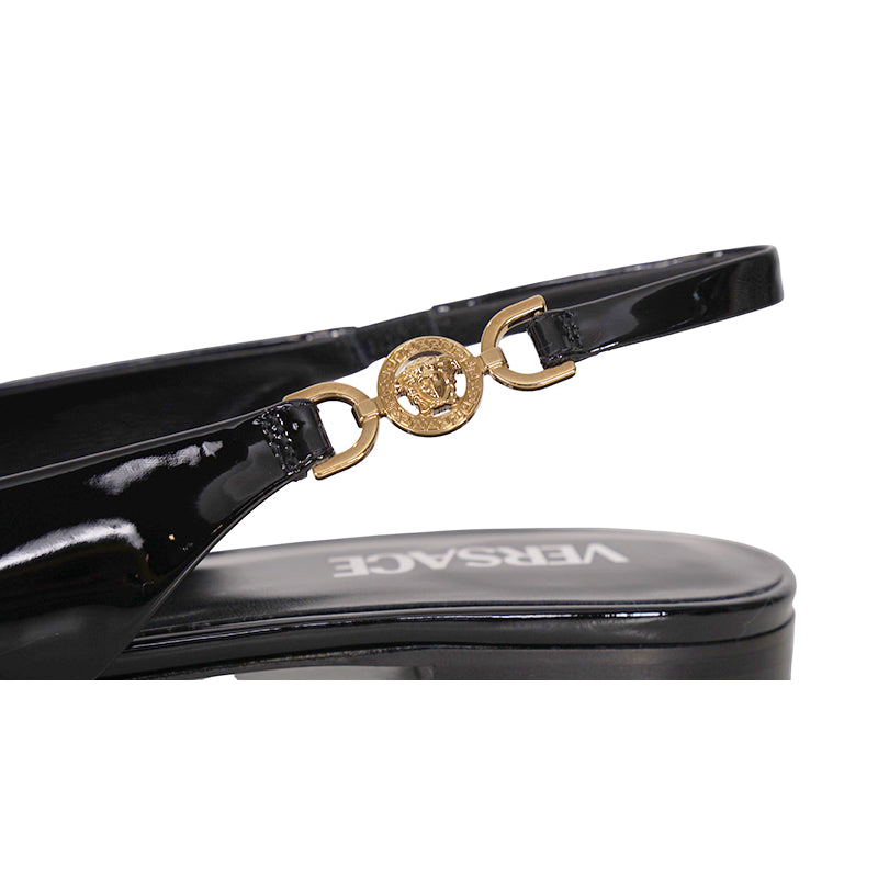 36.5,37,37.5 NEW $795 VERSACE Black Patent Leather GOLD MEDUSA LOGO Slingback FLATS NIB
