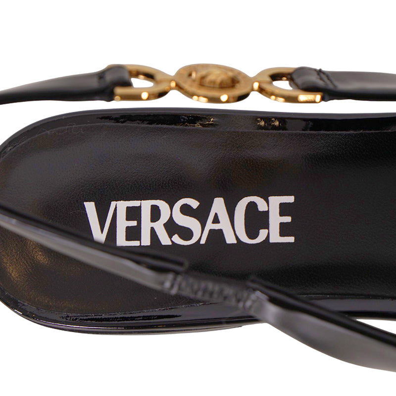 36.5,37,37.5 NEW $795 VERSACE Black Patent Leather GOLD MEDUSA LOGO Slingback FLATS NIB