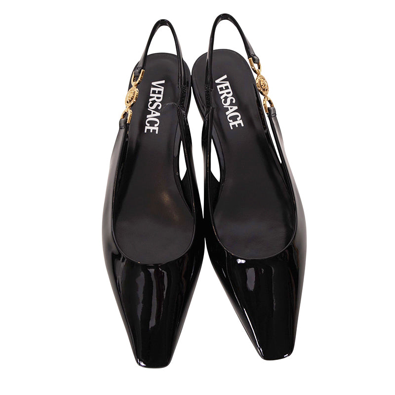 36.5,37,37.5 NEW $795 VERSACE Black Patent Leather GOLD MEDUSA LOGO Slingback FLATS NIB