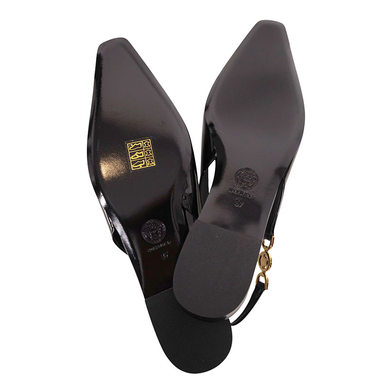 36.5,37,37.5 NEW $795 VERSACE Black Patent Leather GOLD MEDUSA LOGO Slingback FLATS NIB