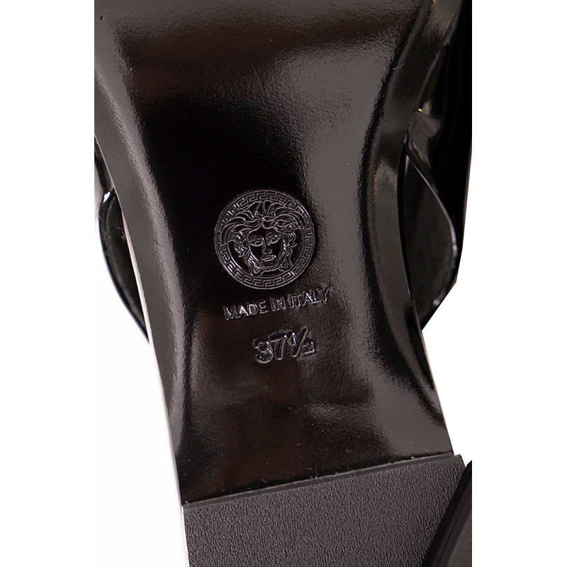 36.5,37,37.5 NEW $795 VERSACE Black Patent Leather GOLD MEDUSA LOGO Slingback FLATS NIB