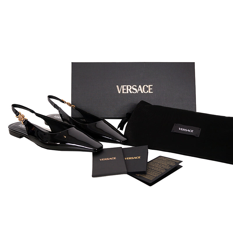 36.5,37,37.5 NEW $795 VERSACE Black Patent Leather GOLD MEDUSA LOGO Slingback FLATS NIB