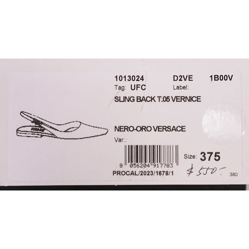 36.5,37,37.5 NEW $795 VERSACE Black Patent Leather GOLD MEDUSA LOGO Slingback FLATS NIB