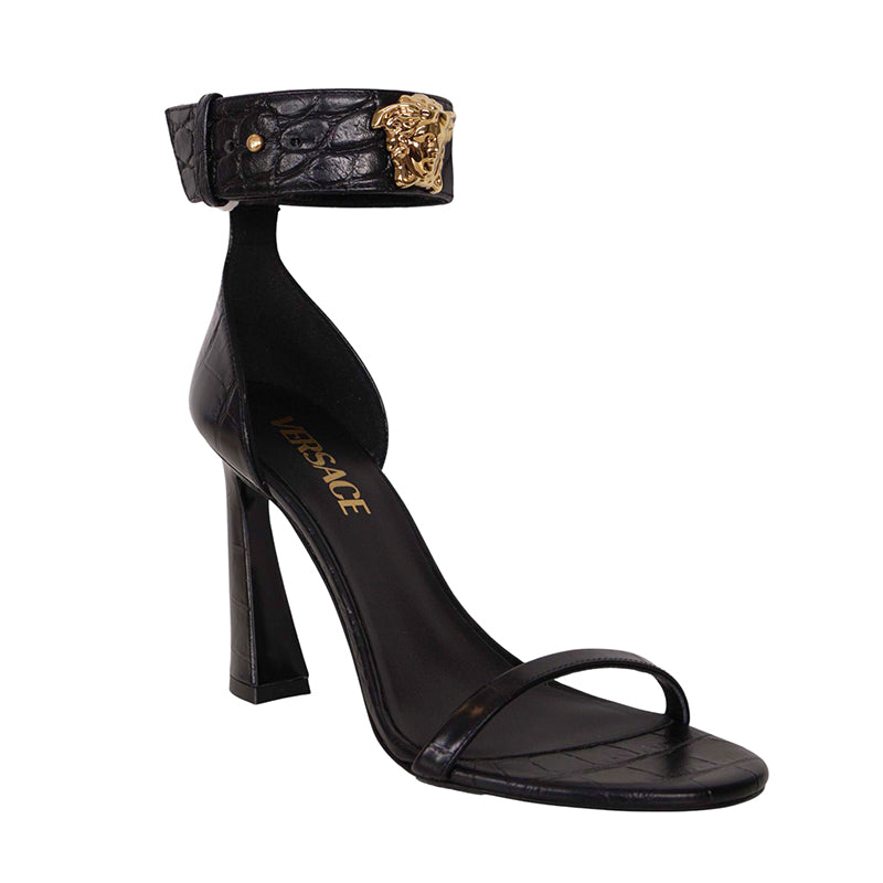 36.5 NEW $1,100 VERSACE Black Leather GOLD MEDUSA LOGO High Heel Chunky SANDALS