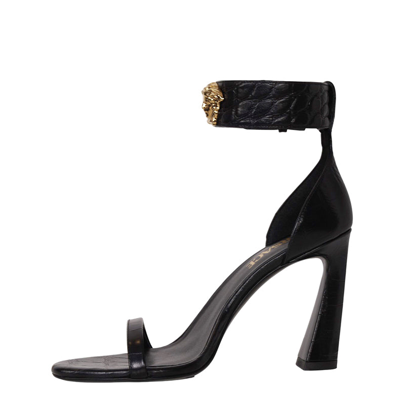 36.5 NEW $1,100 VERSACE Black Leather GOLD MEDUSA LOGO High Heel Chunky SANDALS