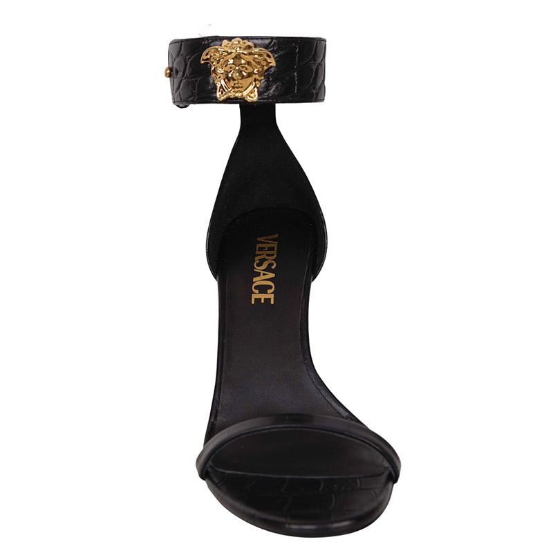 36.5 NEW $1,100 VERSACE Black Leather GOLD MEDUSA LOGO High Heel Chunky SANDALS