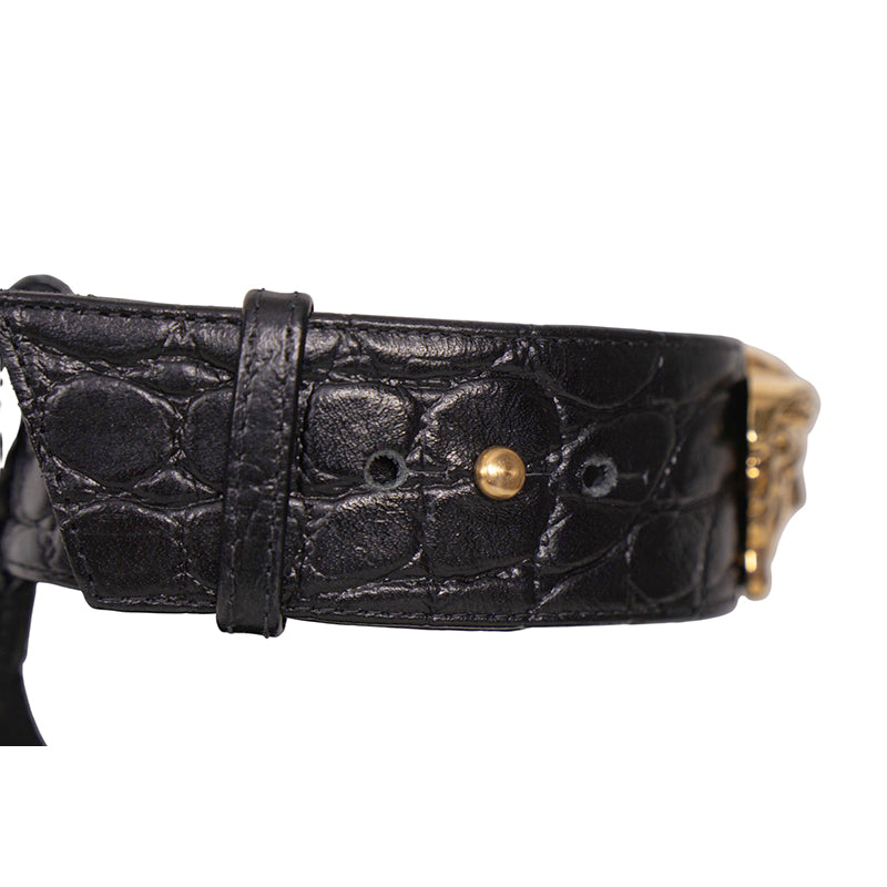 36.5 NEW $1,100 VERSACE Black Leather GOLD MEDUSA LOGO High Heel Chunky SANDALS