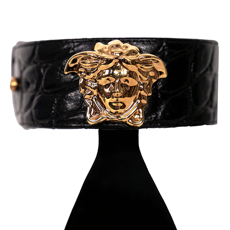 36.5 NEW $1,100 VERSACE Black Leather GOLD MEDUSA LOGO High Heel Chunky SANDALS