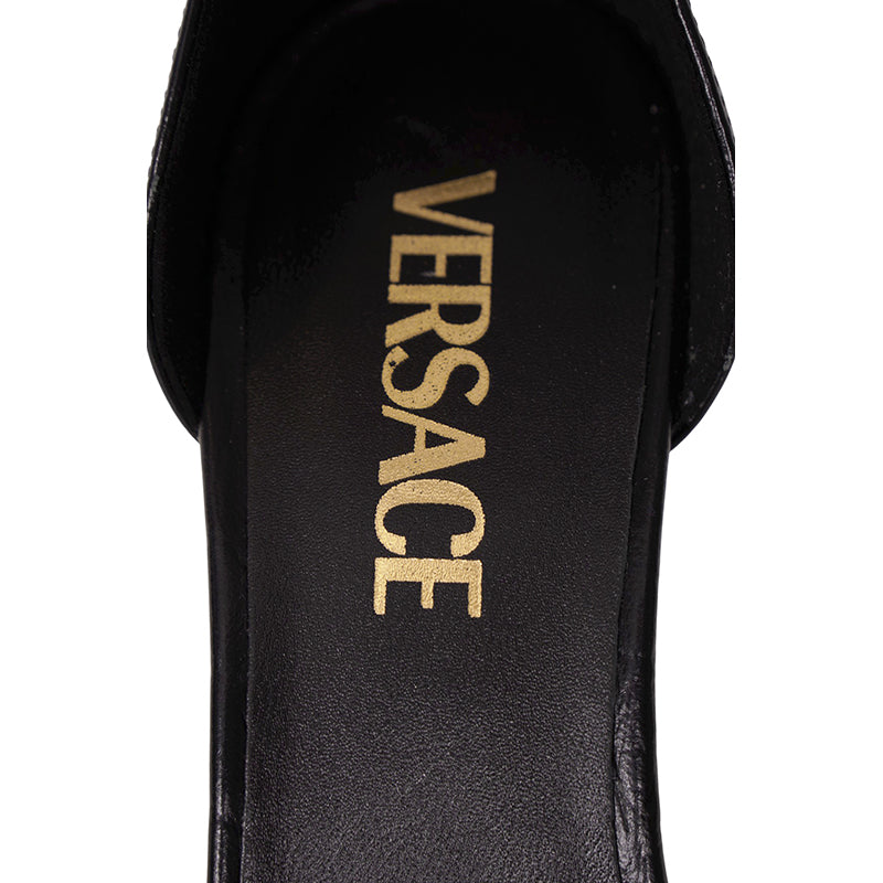 36.5 NEW $1,100 VERSACE Black Leather GOLD MEDUSA LOGO High Heel Chunky SANDALS
