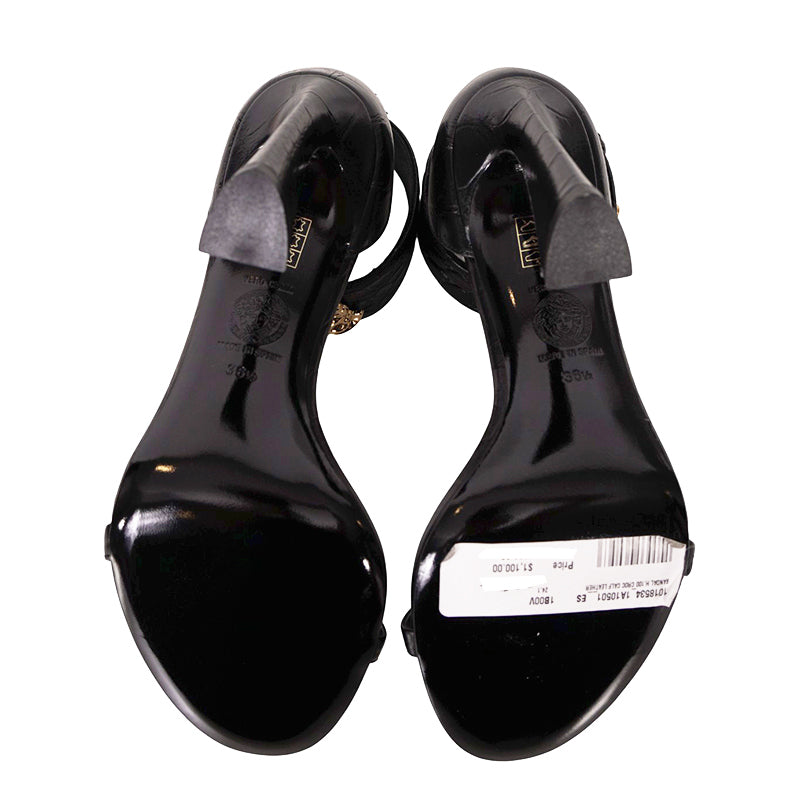 36.5 NEW $1,100 VERSACE Black Leather GOLD MEDUSA LOGO High Heel Chunky SANDALS