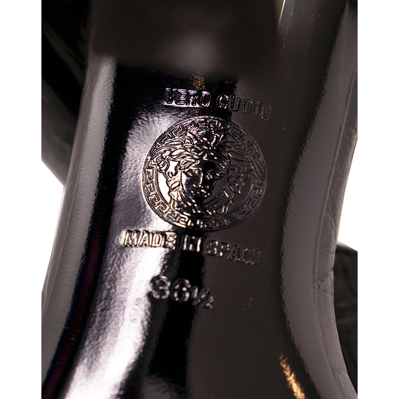 36.5 NEW $1,100 VERSACE Black Leather GOLD MEDUSA LOGO High Heel Chunky SANDALS