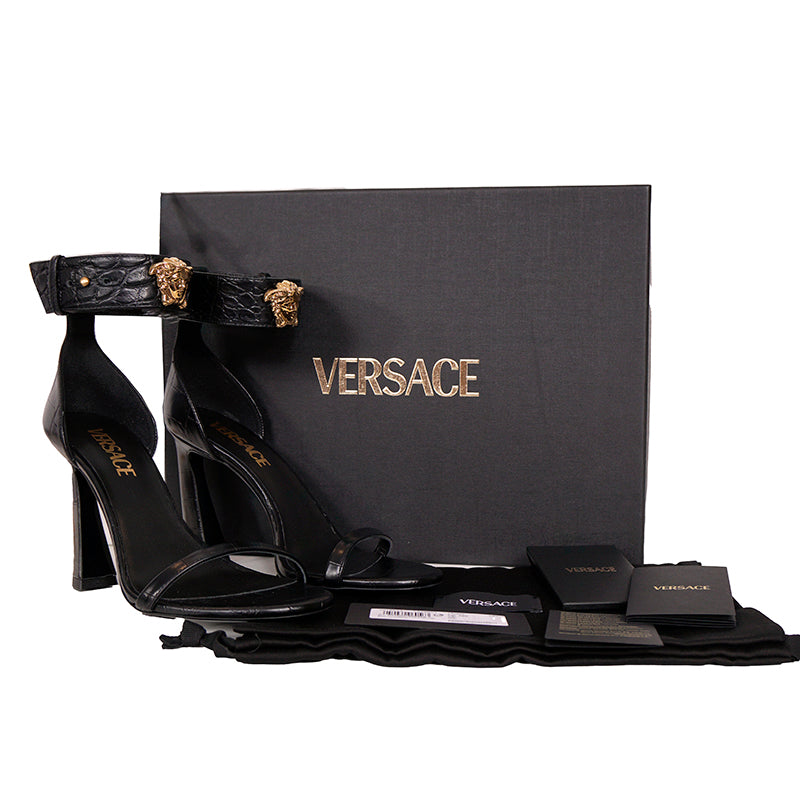 36.5 NEW $1,100 VERSACE Black Leather GOLD MEDUSA LOGO High Heel Chunky SANDALS
