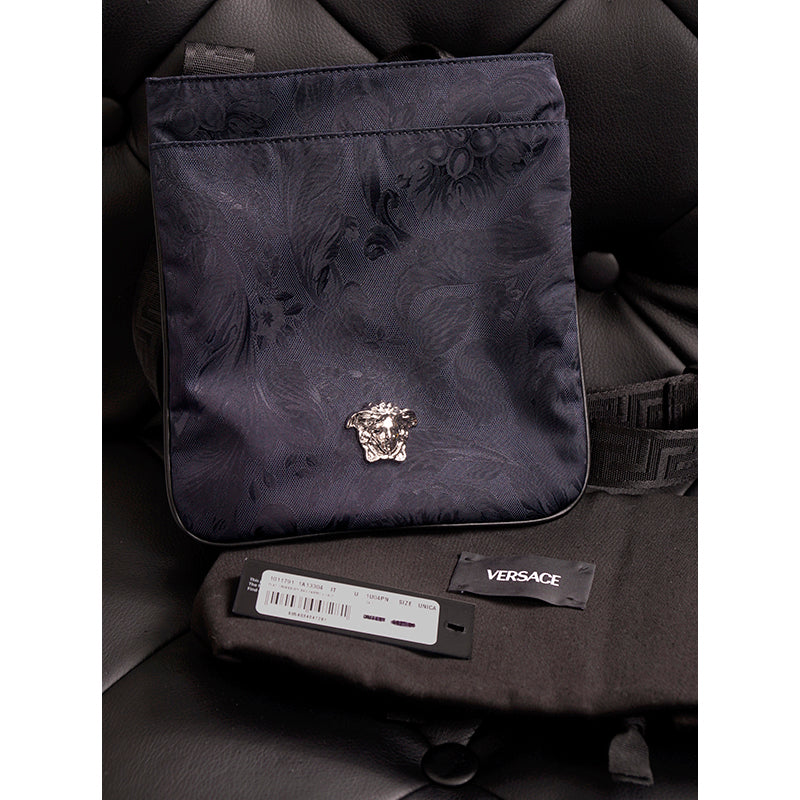 NEW $720 VERSACE Navy Heritage BAROCCO JACQUARD TECH Silver MEDUSA Crossbody BAG