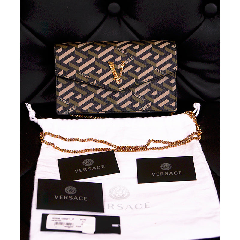 NEW $1075 VERSACE Coated Canvas Green LA GRECA VIRTUS V Small Crossbody BAG NWT