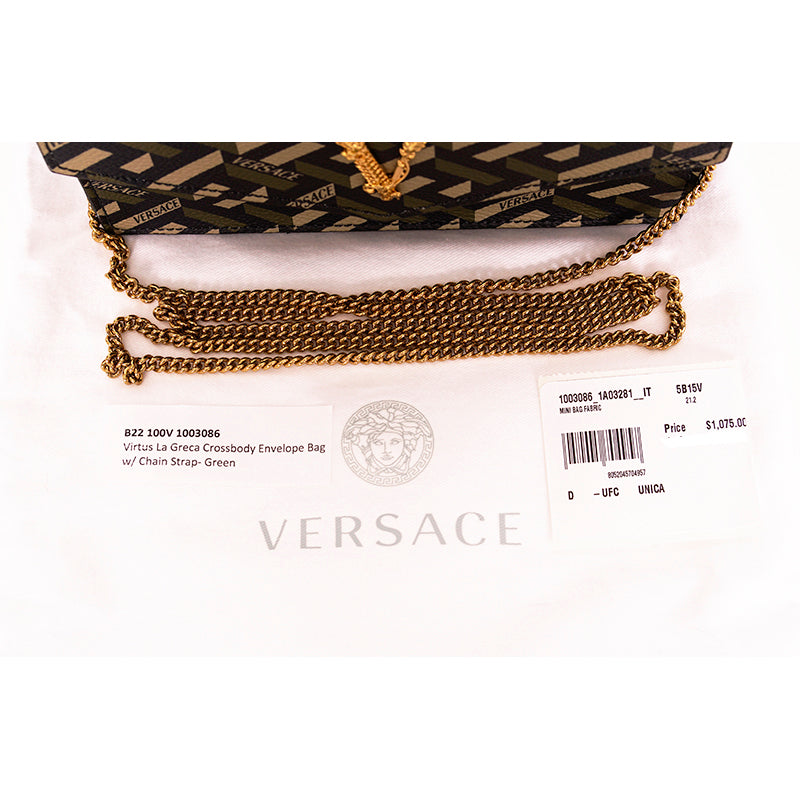 NEW $1075 VERSACE Coated Canvas Green LA GRECA VIRTUS V Small Crossbody BAG NWT