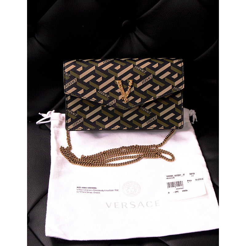 NEW $1075 VERSACE Coated Canvas Green LA GRECA VIRTUS V Small Crossbody BAG NWT