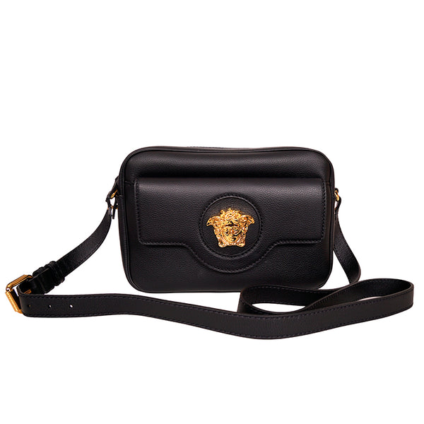 NEW $1790 VERSACE Black Leather GOLD LA MEDUSA Crossbody CAMERA BAG Pink Lining