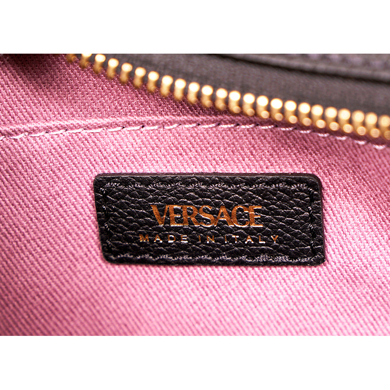 NEW $1790 VERSACE Black Leather GOLD LA MEDUSA Crossbody CAMERA BAG Pink Lining