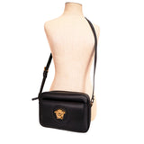 NEW $1790 VERSACE Black Leather GOLD LA MEDUSA Crossbody CAMERA BAG Pink Lining