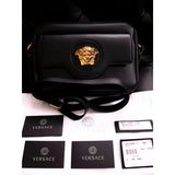 NEW $1790 VERSACE Black Leather GOLD LA MEDUSA Crossbody CAMERA BAG Pink Lining