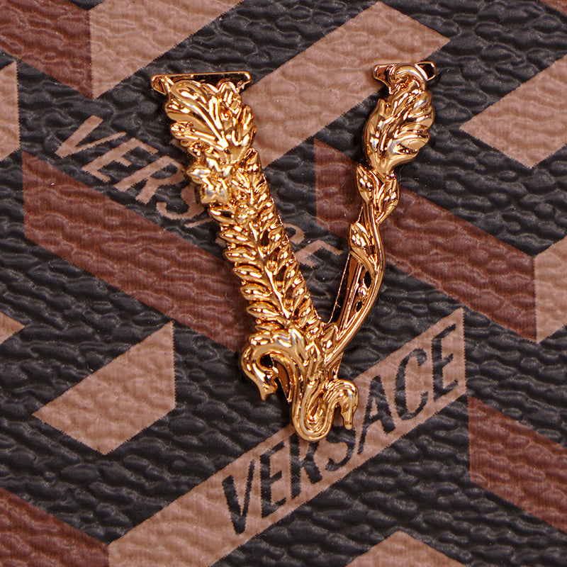 NEW $725 VERSACE Black Caramel LA GRECA VIRTUS V Wallet Chain MICRO MINI BAG WOC