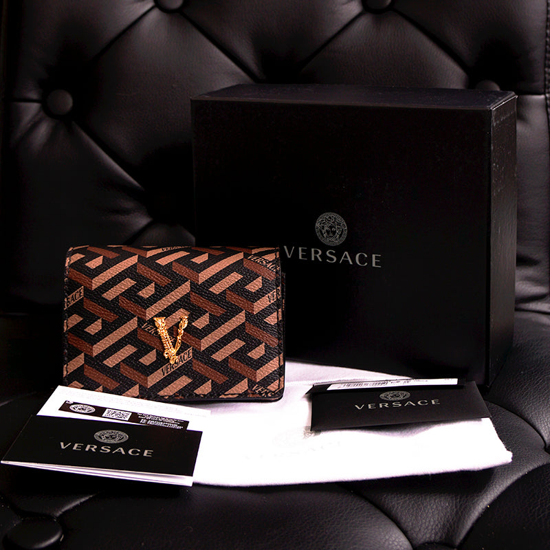 NEW $725 VERSACE Black Caramel LA GRECA VIRTUS V Wallet Chain MICRO MINI BAG WOC
