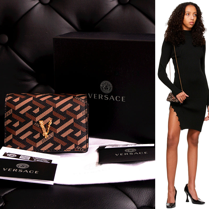 NEW $725 VERSACE Black Caramel LA GRECA VIRTUS V Wallet Chain MICRO MINI BAG WOC