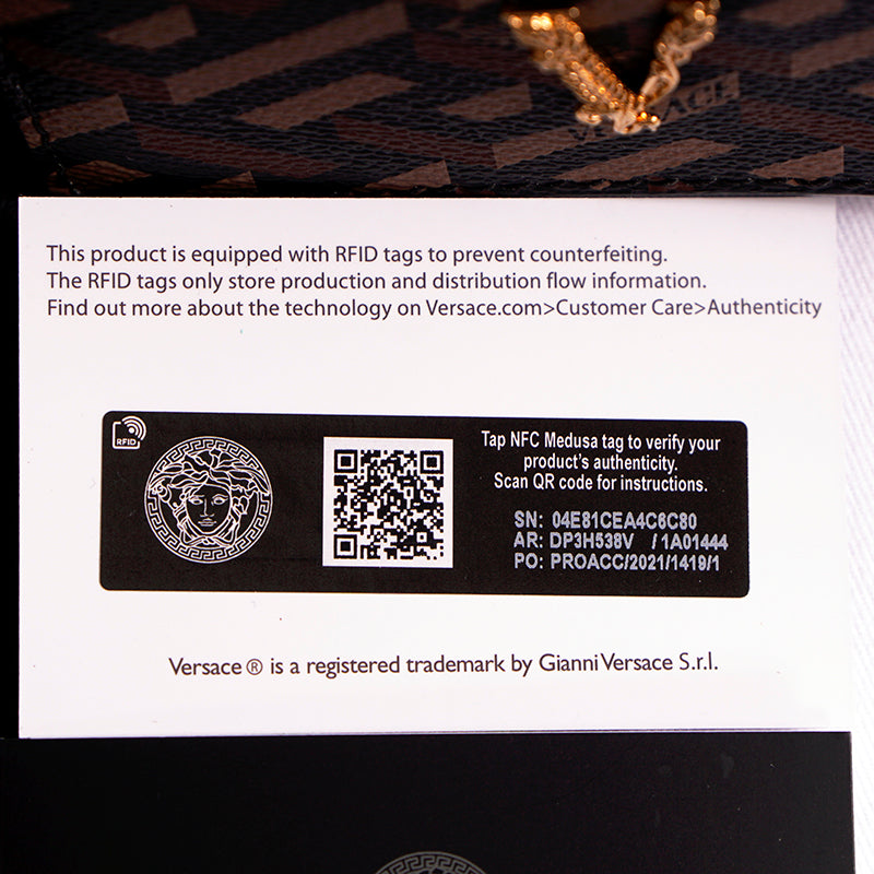 NEW $725 VERSACE Black Caramel LA GRECA VIRTUS V Wallet Chain MICRO MINI BAG WOC