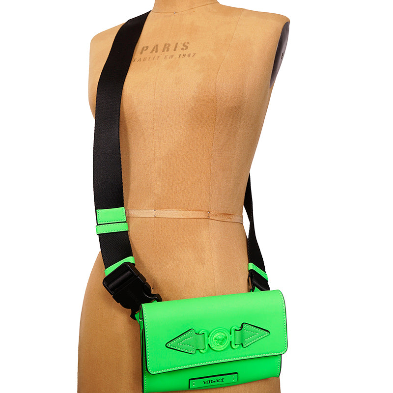 NEW $995 VERSACE Men's Neon Lime Rubberized MEDUSA BIGGIE LOGO Belt/Sling BAG