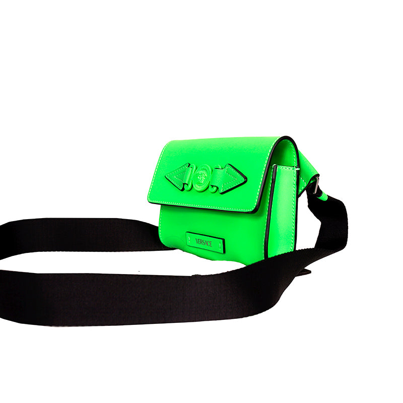 NEW $995 VERSACE Men's Neon Lime Rubberized MEDUSA BIGGIE LOGO Belt/Sling BAG